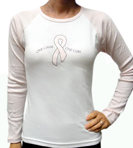 "One Cause One Cure" Round Neck Pink 3-4 Sleeves White T-shirt - Small