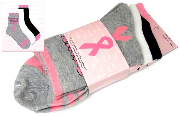 Breast Cancer Awareness 3 Pack Socks -Style 08